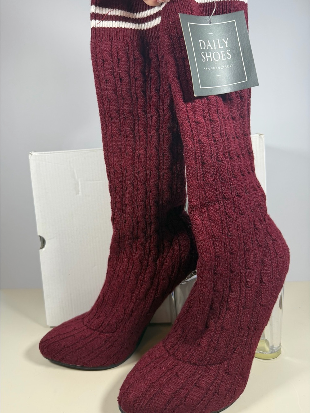Women's Cable-Knit Burgundy Sock Boots